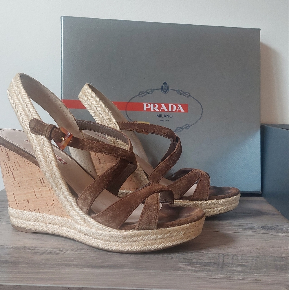 Prada Brown Suede Wedge Sandals